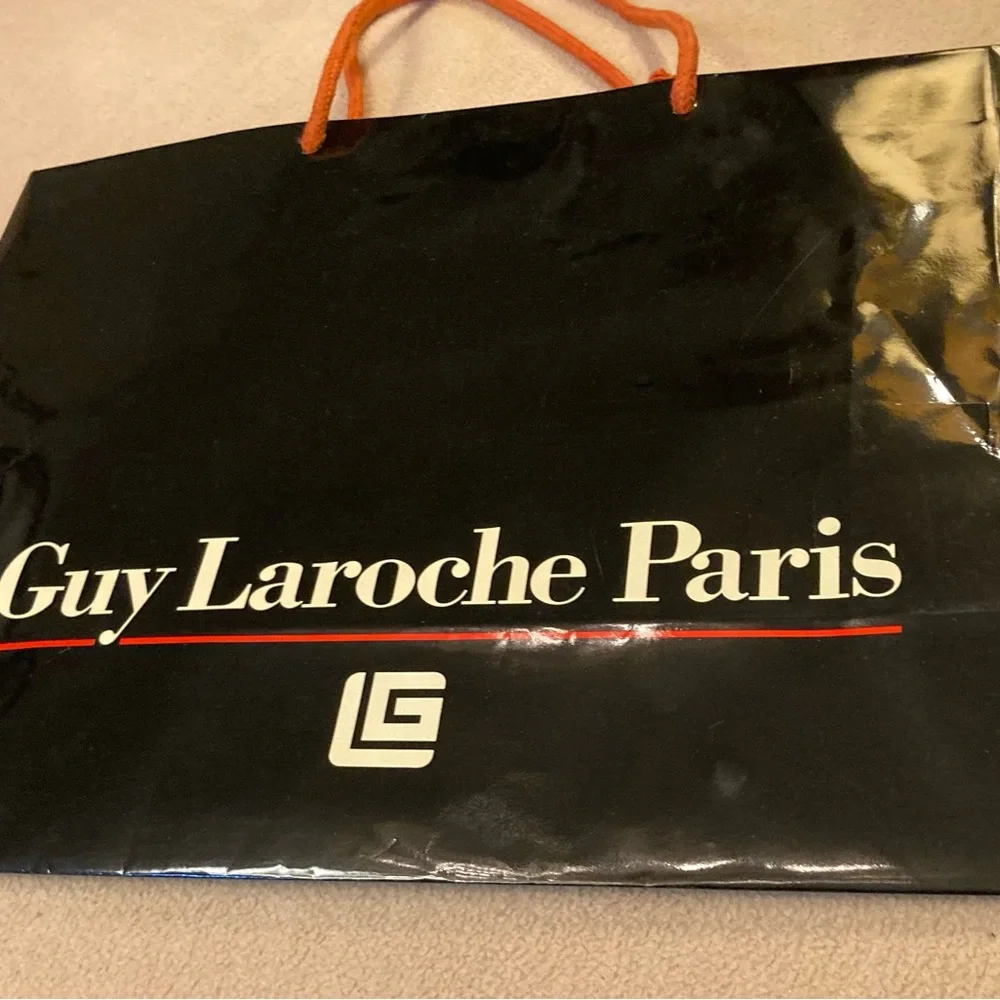 Guy Laroche Paris,black gloss glazed paper branded shopping tote,orange handles